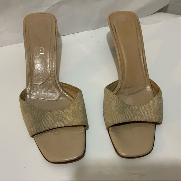 GUCCI Mules Sandals Heel GG Canvas Beige neutrals low heels size 8 B - Picture 3 of 14